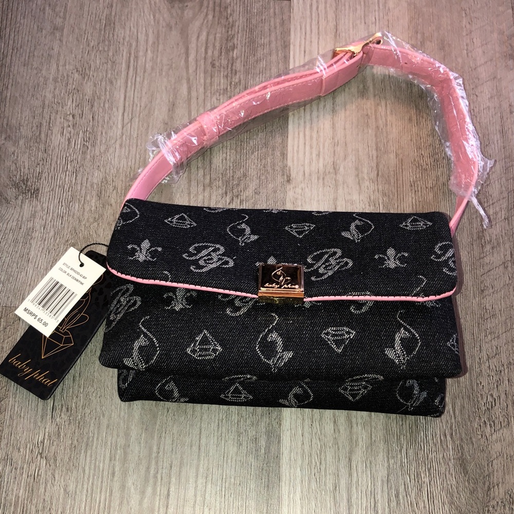 Baby Phat Black Denim & Pink With Monogram Print Flap Shoulder Bag NWT - Picture 2 of 16